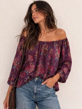 California Moonrise | Boho Off-Shoulder Floral Tunic Top in Plum, Size S